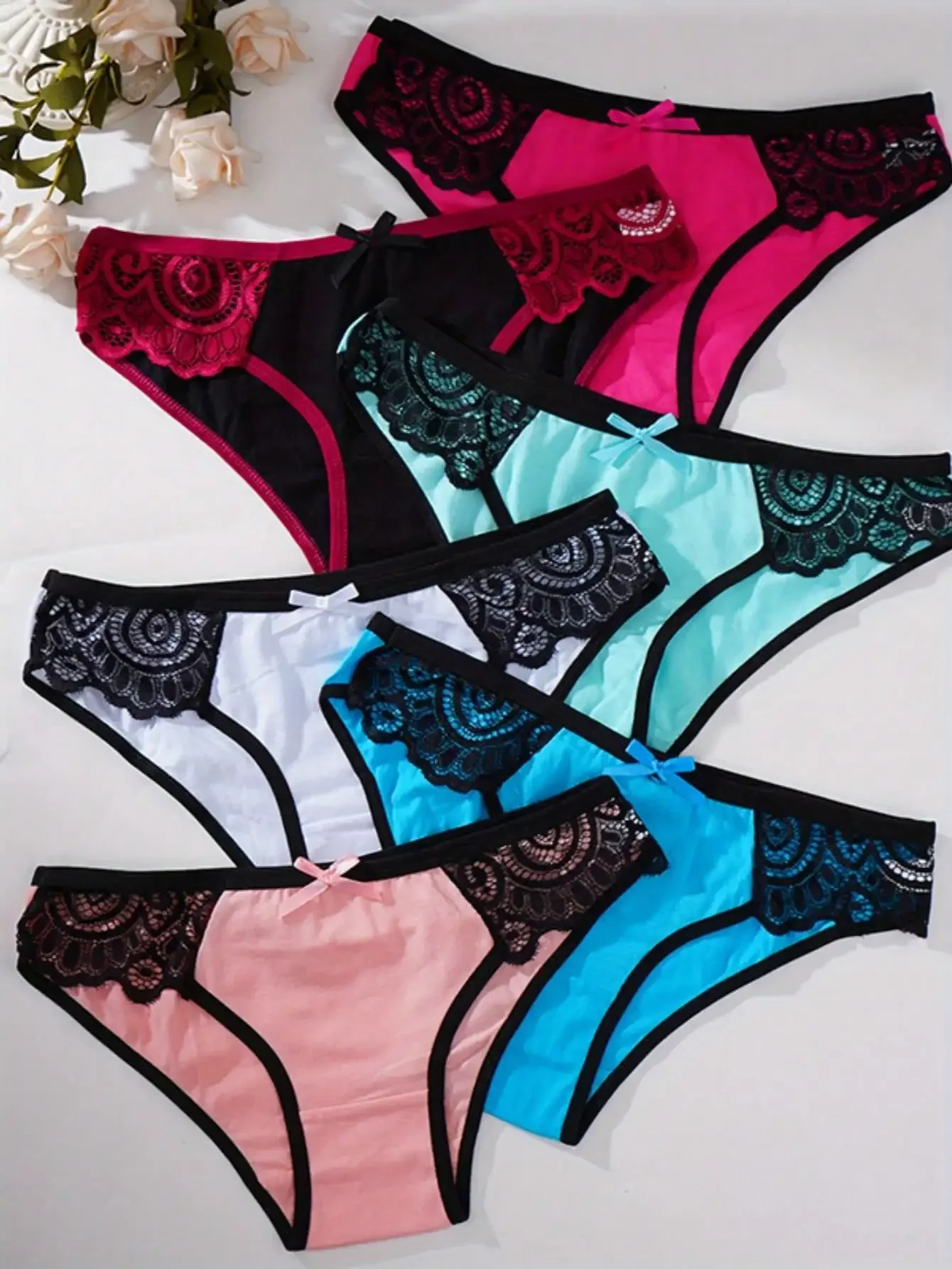 

6-Piece Set, Seamless Women's Daily Sports Underwear, Low-Waisted Comfortable Briefs, Lace-Trimmed Bow Underpants