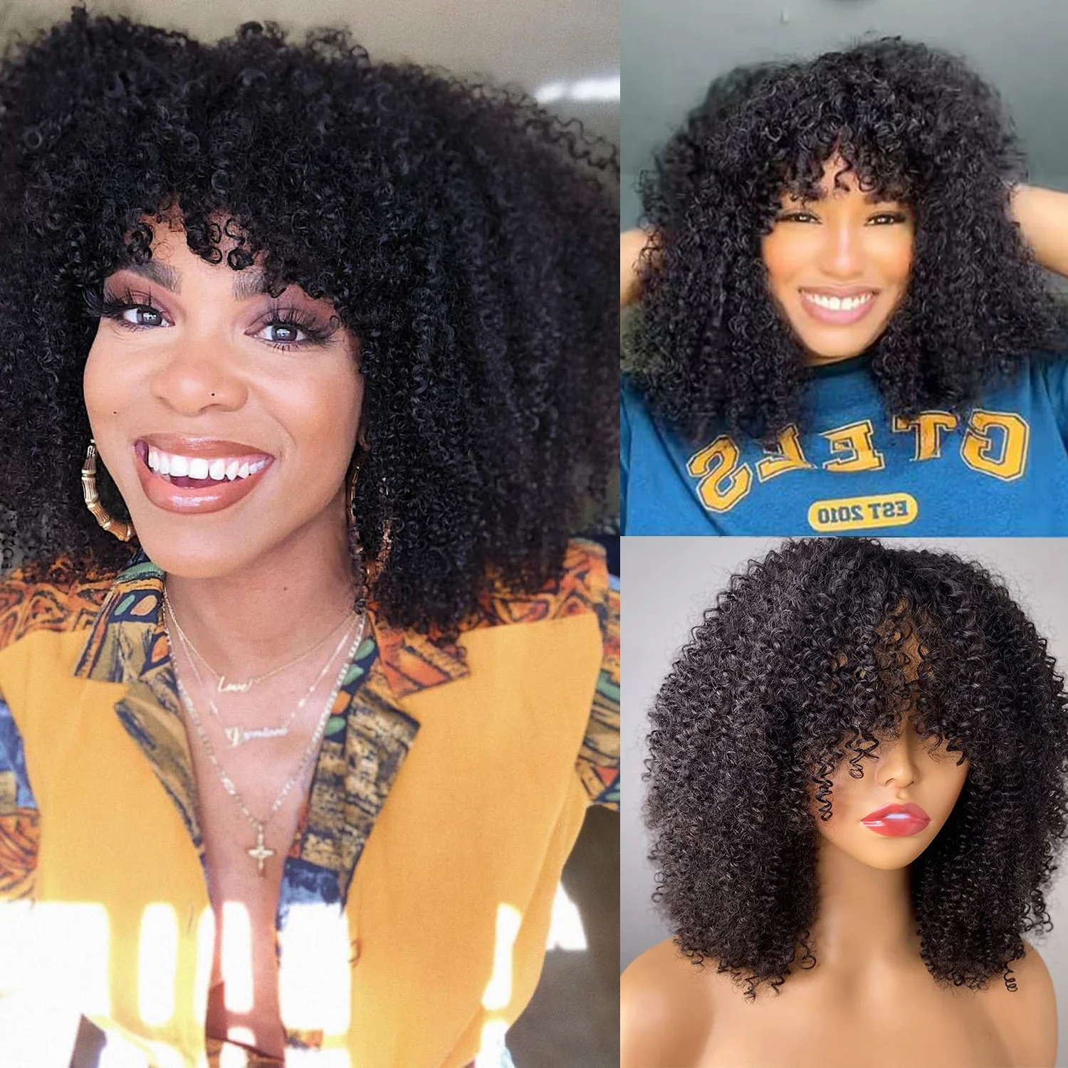 

Машинное производство Боб Парики с челкой для женщин Афро-кудрявый вьющийся парик из 100% человеческих волос Натуральный черный парик для ежедневного использования, удобная одежда