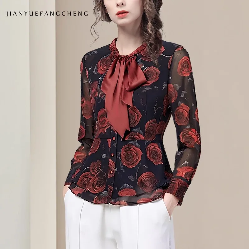 

Retro Floral Printed Women' Shirt Long Sleeve Bow-knot Collared Button down Tops Fall Winter Casual Work Blouses