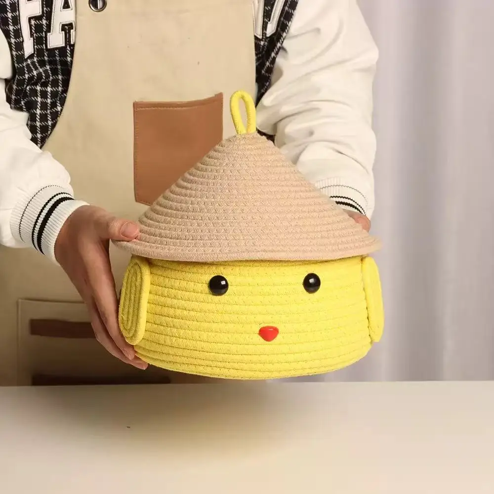 Weaving cotton rope storage basket, cotton thread weaving basket, storage basket with lid, desktop miscellaneous basket