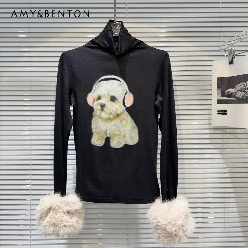 

2024 Winter New Tshirt Sweet Girl Cartoon Printed Plush Cuffs Turtleneck Bottom T-Shirt Women's Black Long Sleeves Tees Pullover