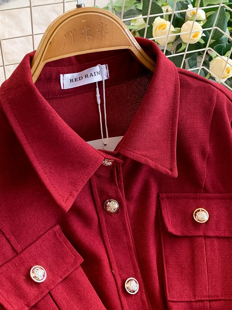 여성 셔츠 드레스 겨울 프렌치 스타일 라펠 긴 소매 코듀로이 메탈 버클 벨트 대형 스윙 미드 길이 드레스 DS237