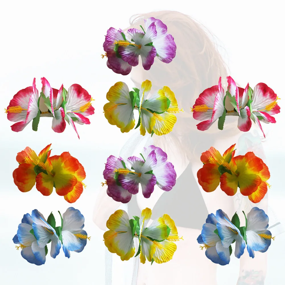 

10pcs Wooden Hibiscus Flower Hair Clips Hawaiian Party Beach Travel Use Fashion Hairpin Decorative Hair Clamps Mixed Colors