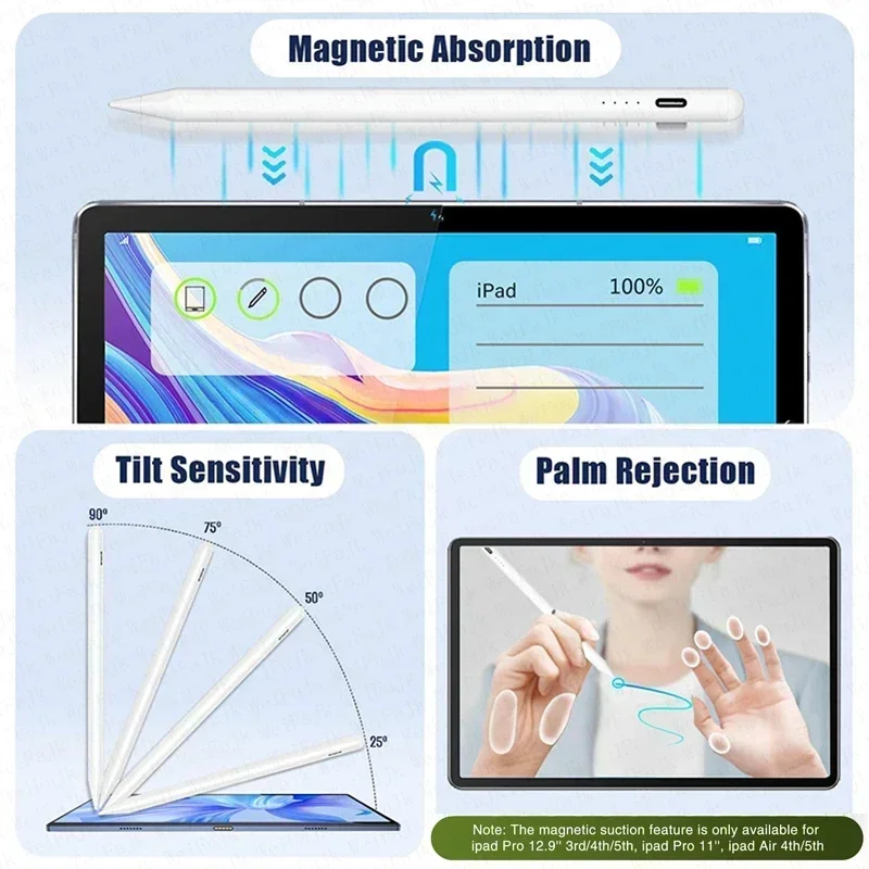 For iPad Pencil Wireless Charging Stylus for Apple Pencil 2 Palm Rejection Tilt Bluetooth Pen for iPad 2018-2023 Accessoriess