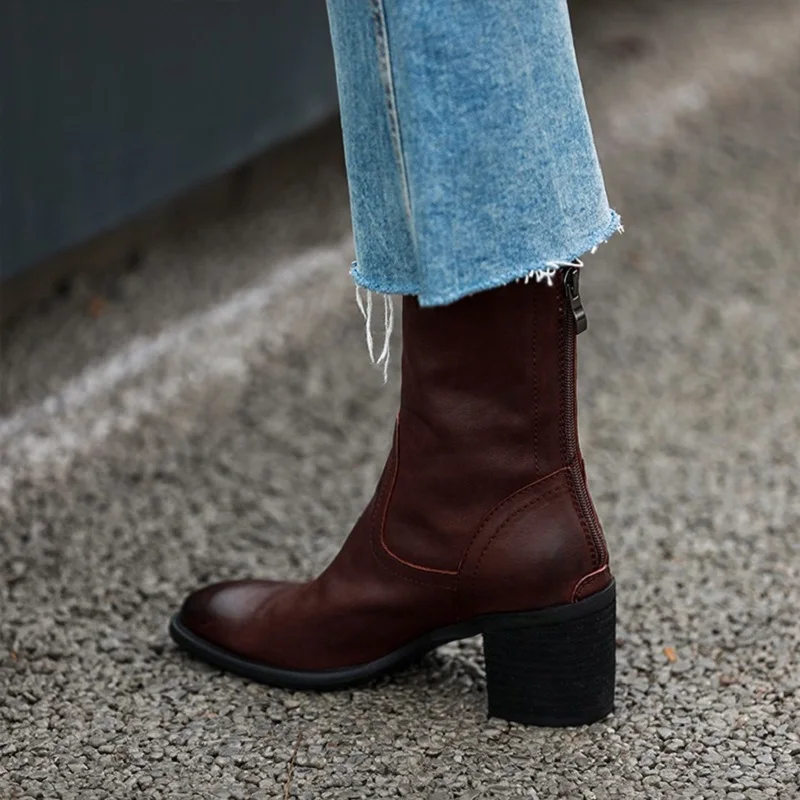 Woman Ankle Boots Round Toe Elegant Winter Boots Soft Cowhide Ladies Warm Shoes Back Zipper Modern Shoes For Autumn Spring