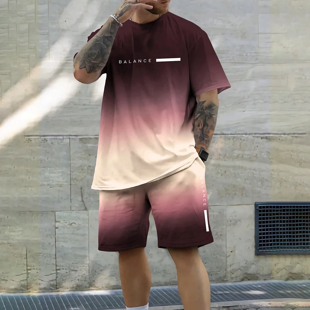 2026 الصيف التدرج اللون ثلاثية الأبعاد تي شيرت والسراويل 2 قطعة مجموعة في الهواء الطلق تنفس ملابس قصيرة الأكمام الركض اللياقة البدنية ملابس رياضية