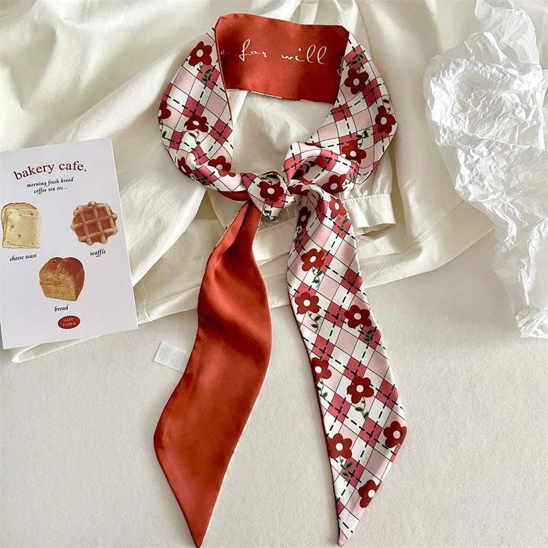 Luna&Dolphin Women Spring Skinny Long Scarf Red White Felower Love Print Chiffon Silk Tie Bag Ribbon Headband Choker