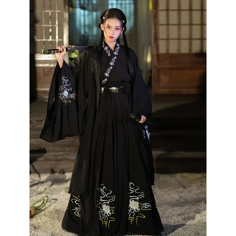 فستان هانفو الحديث للمرأة الصينية التقليدية كيمونوس موهير تانغ سلالة نمط الهانبوك تأثيري الرجعية الجنية الأميرة بدلة سوداء حمراء