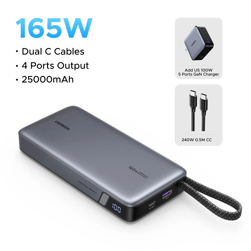 UGREEN 165W 25000mAh Power Bank with Dual USB-C Cables