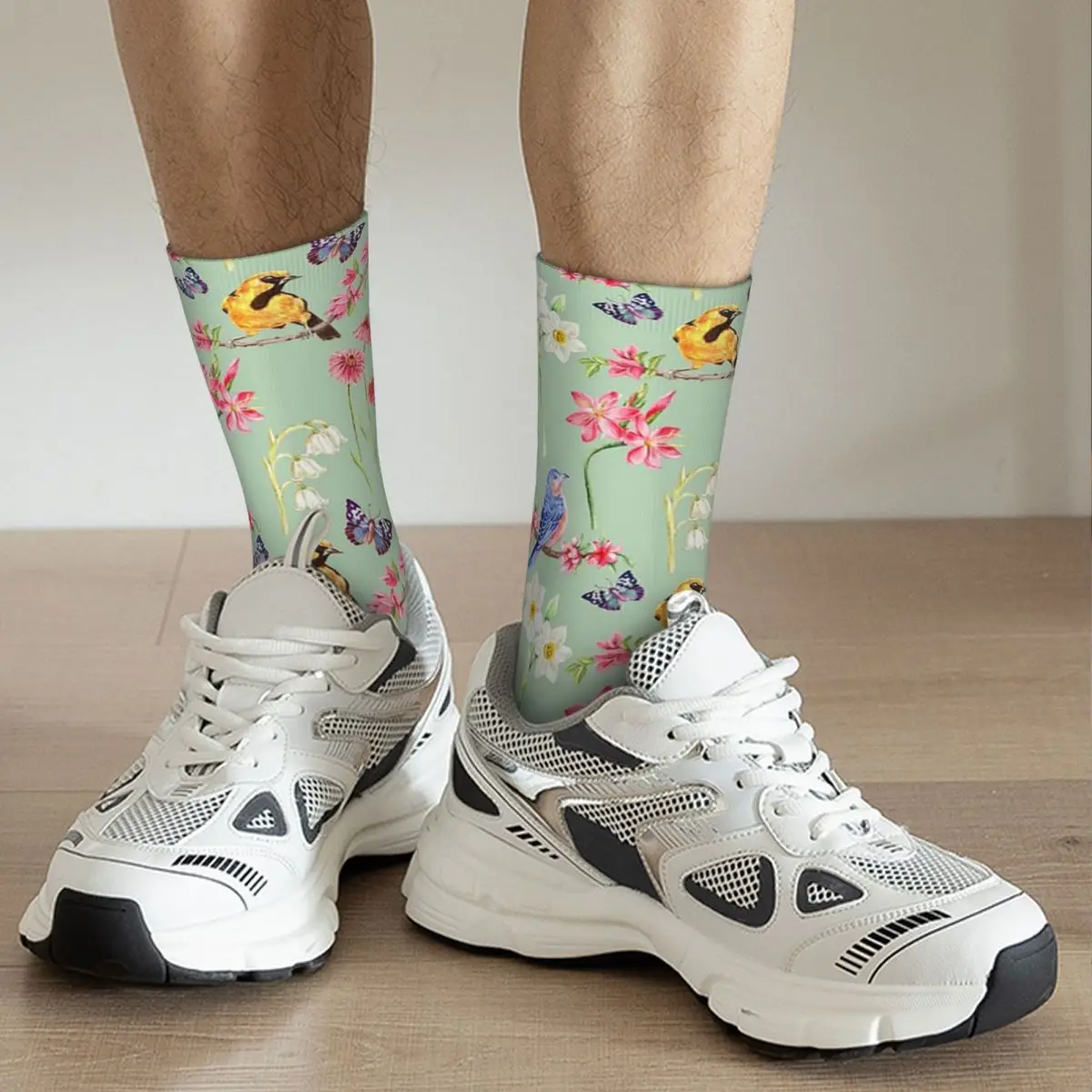 Spring Birds And Flowers On Grass Socks Harajuku Super Soft Stockings All Season Long Socks for Man Woman Valentine's Day Gifts