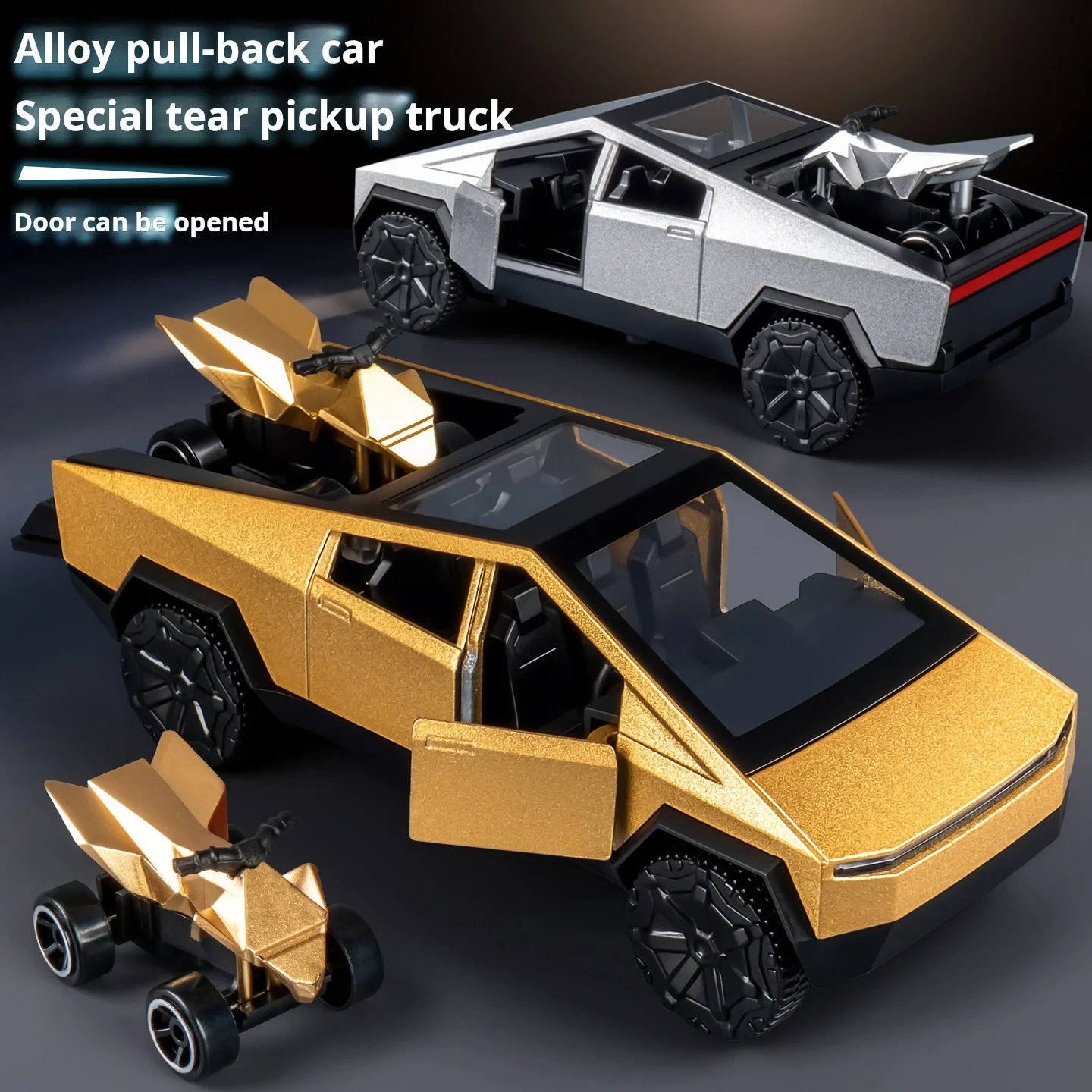 1:32 scale futuristic electric pickup truck model, die-cast alloy toy with towing function. Mini off-road vehicle.