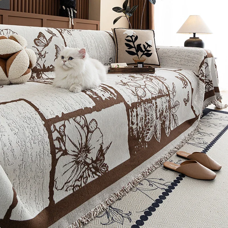 Vintage Printed Sofa Towel for All Seasons Multi-Purpose Couch Dust Cover for Living Room Easy-Care Comfort Office Knee Blanket
