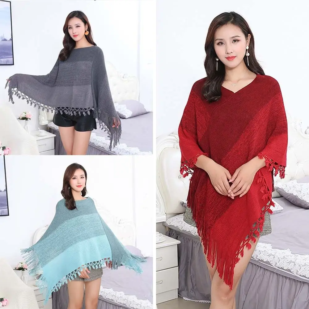 Coat Overlays Winter Warm Mongolian Poncho Striped Ethnic Style Pullover Tassel Shawl Polyester Knitting Wraps Women Fashion