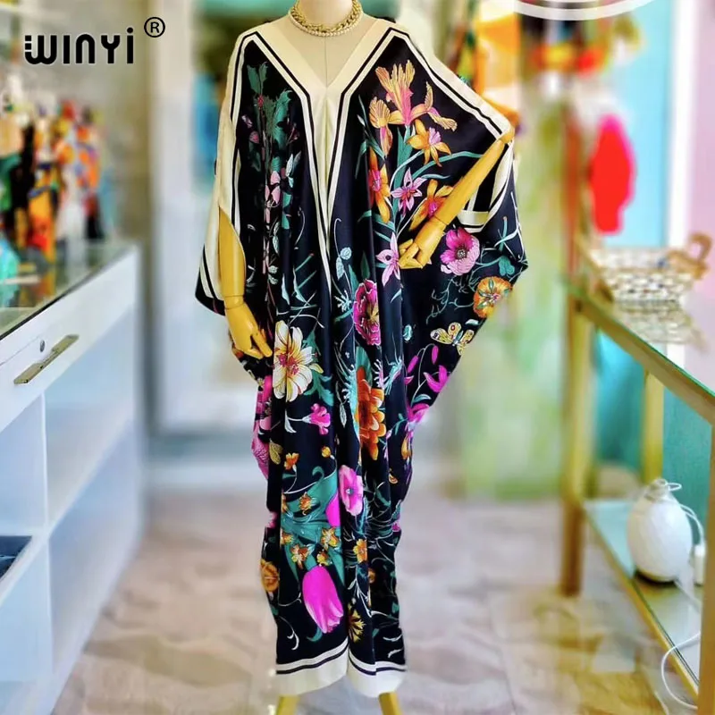 WINYI-damska afrykańska impreza z nadrukiem w rozmiarze długa sukienka, elegancka Kaftan, dekolt w szpic, długi rękaw, moda damska, sukienki