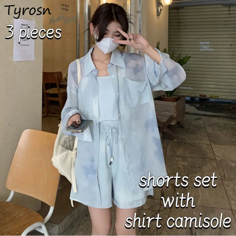 

Shorts Sets Women 3pcs Sun-proof Simple Design Shirts Tie Dye Fashion Daily Camisole Korean Style Summer Loose Breathable Ladies