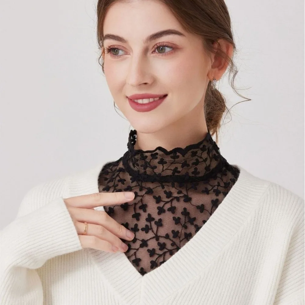 

Прозрачный кружевной искусственный накладной воротник, полый элегантный эффектный воротник с лепестками, цветочная вышивка, черная и абрикосовая накладная блузка