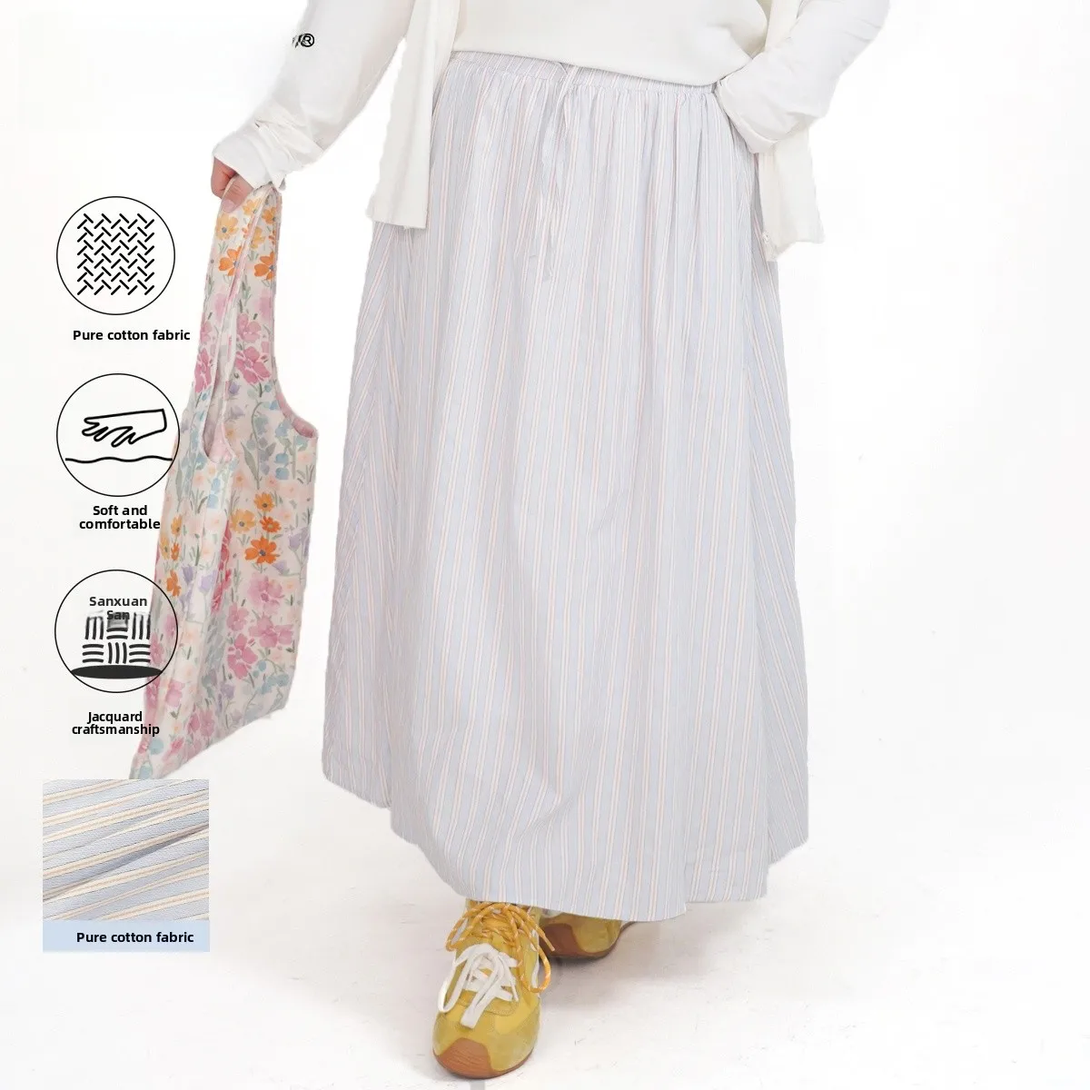 

Повседневная юбка А-силуэта с синими полосками, высокой талией, больших размеров, модная, универсальная, стройнящая, в полоску, средней длины