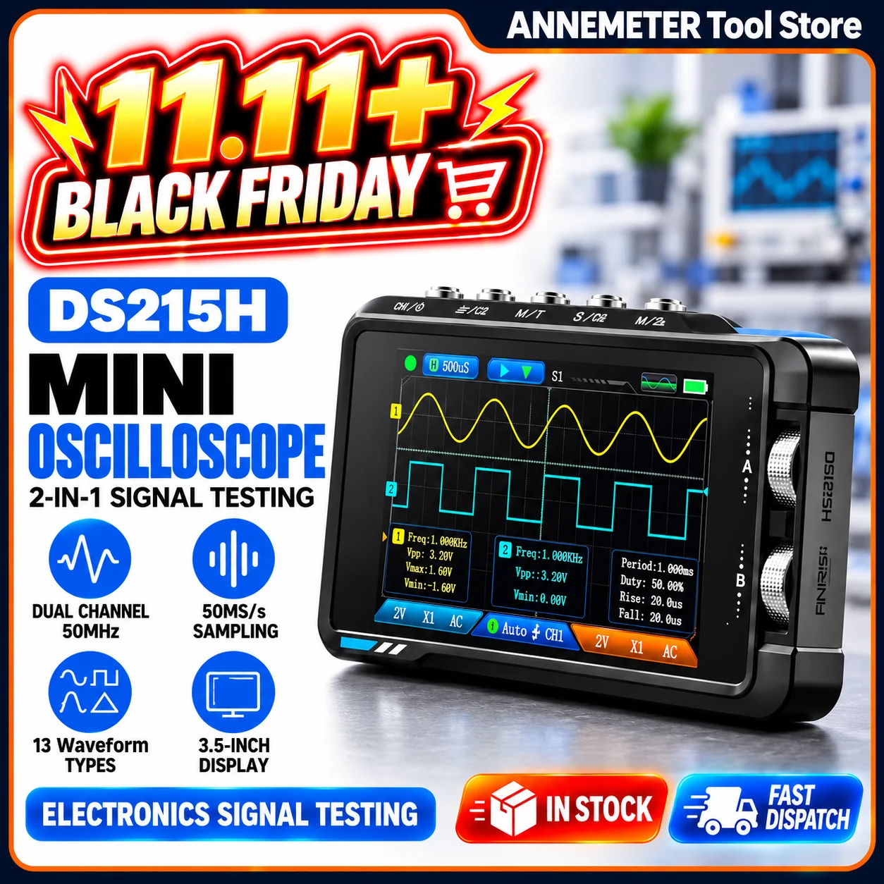 FNIRSI DS215H 50MHz 250MS/s Oscilloscope 2 Channel, Handheld Portable Scope with DDS Signal Generator for Electronics