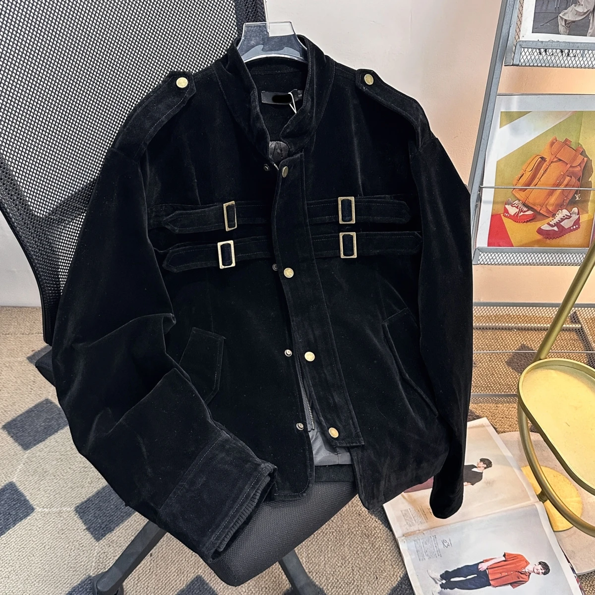 

Retro American Sle Motorcycle Jaet Men's Suede Patchwork Design CleanFit ort Wide Outerwear for Autumn Spring Summer