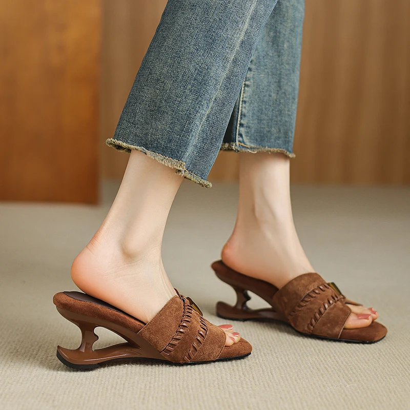 2026 new summer women sandals natural leather 22-25cm kid suede+sheepskin+pigskin mules high heel women slippers fashion