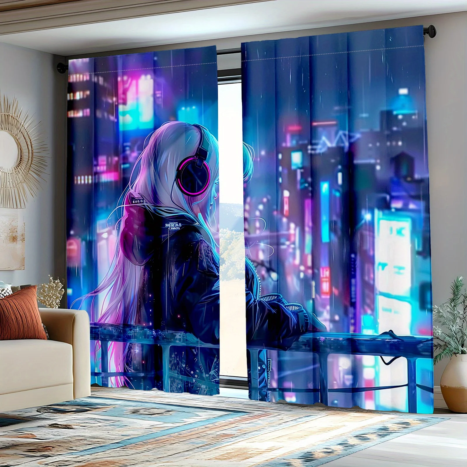 Cyberpunk City Curtains Neon Night View Print Anime Style Window Drapes with Girl Silhouette for Bedroom Living Room Futuristic