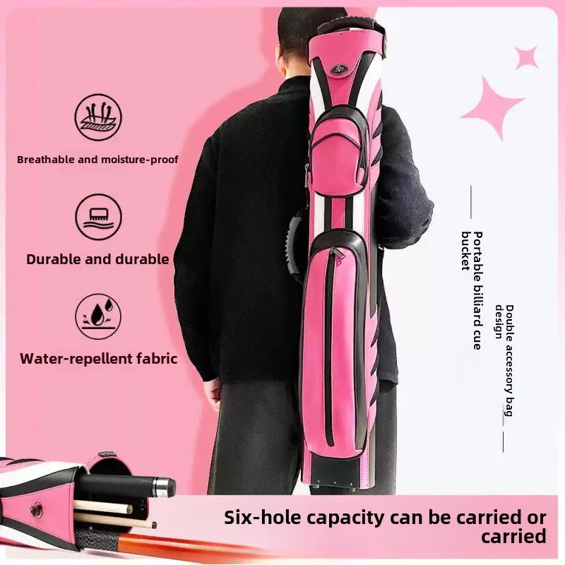 Kotak Tongkat Biliar Premium Portabel 6 Lubang Gaya Amerika Warna Pink, Tempat Penyimpanan Tongkat Biliar dan Snooker yang Dapat Dipakai Sebagai Ransel