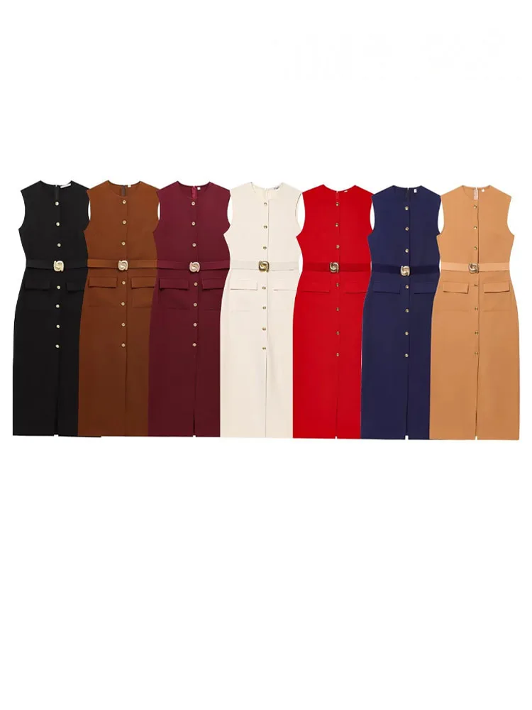 HH Frauen Mode O-Kragen Einreiher Saum Schlitz Gürtel Schmücken Midi Kleid Weibliche Chic Ärmellose Zurück Zipper Dünnes Kleid