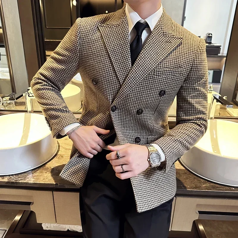 Estilo britânico masculino duplo breasted fino ajuste blazer 2024 novo houndstooth fino ajuste terno jaqueta formal de negócios vestido de casamento