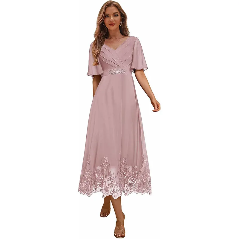

Tea Length Mother of The Bride Dresses for Women V Neck Beaded Chiffon Evening Formal Dress with Sleeves Short