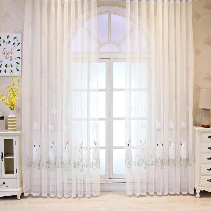 1Pcs Cartoon White Rabbit Tulle Curtains for Children's Bedroom Blackout Girl's Room Luxury White Decor Embroidered Fabric Sale