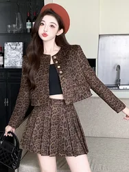 Fashionable Leopard Print Single Breasted Jacket + Pleated Skirt Set For Women's Autumn Winter New Style American Two-piece Se