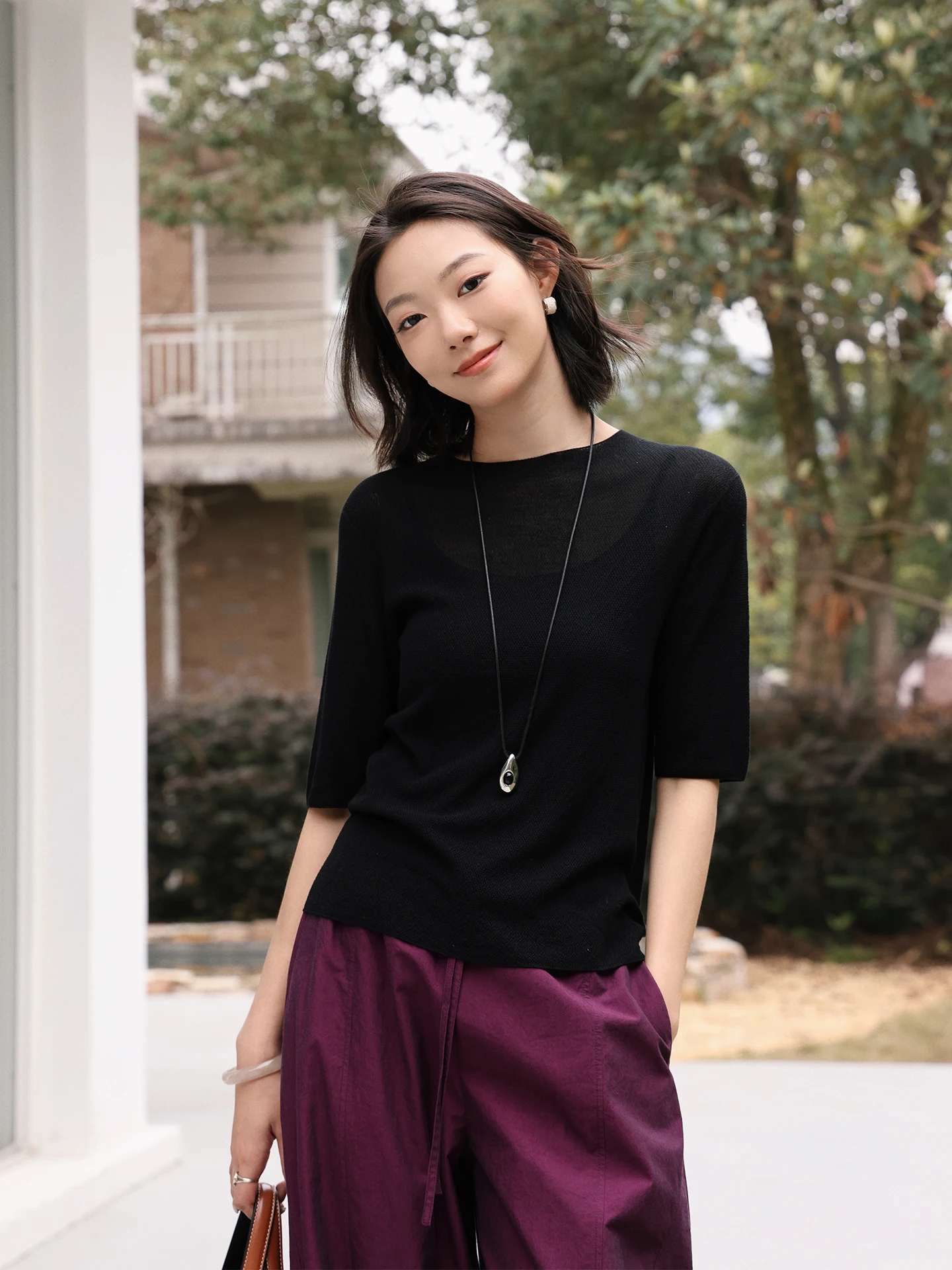 

Slimming Loose Fit Short Sleeve T-Shirt Women's Knitted Summer New Style Casual round Neck Top Breathable Comfortable Silk
