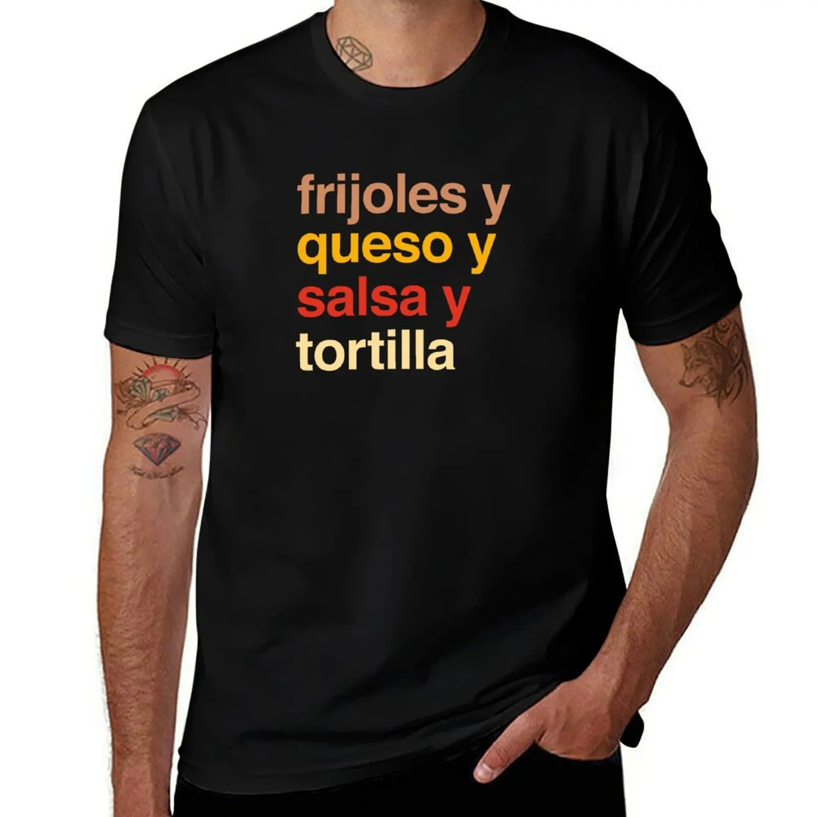 Deconstructed bean and cheese breakfast taco: frijoles y queso y salsa y tortilla (list of ingredients in real colors, i T-Shirt