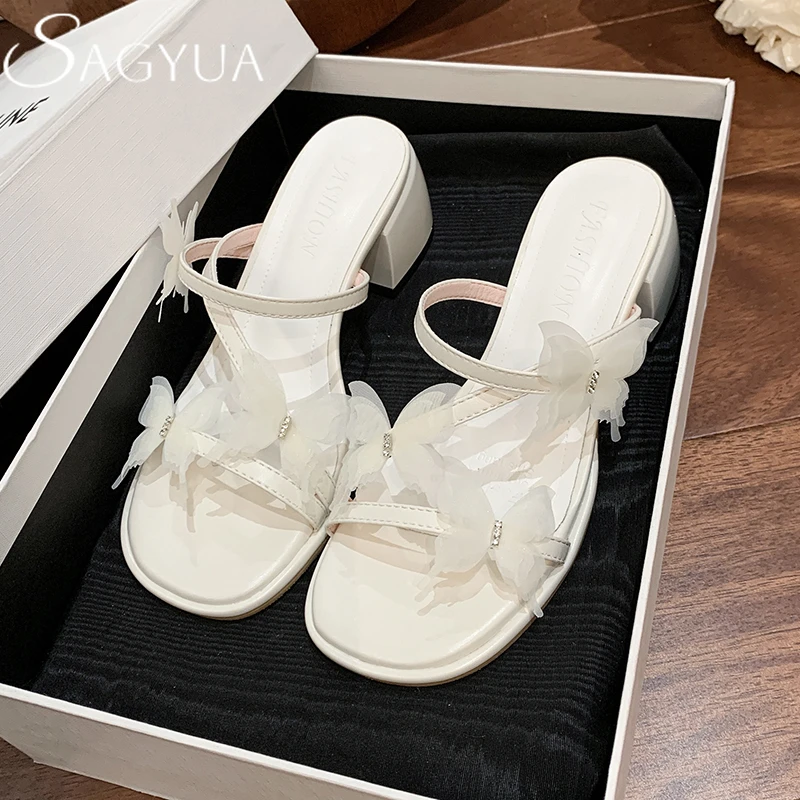 

Butterfly Square Toe Women Slippers Summer Open Toe Shoes Woman Heeled Sandals 2025 Trend New Dress Pumps Shallow Chunky Slides