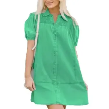 

Denim Dress Women Summer Short Sleeve Button Down Collared Pleated Dresses 2024 Casual and Lazy Cowboy Short Dress Vestidos