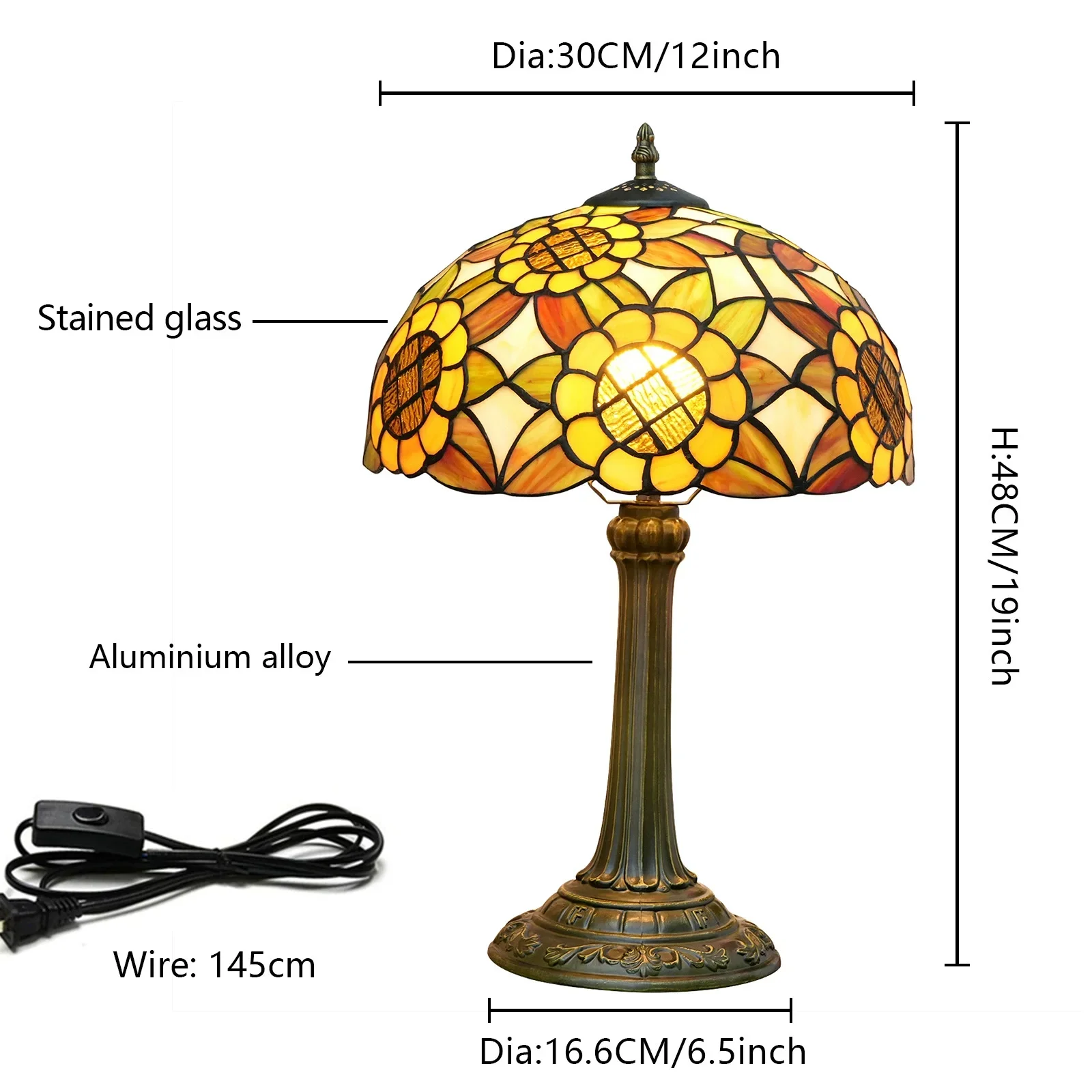 12inch 30cm Tiffany Desk Lamp American Yellow Sunflower Lampshade Dining Room Bar Living Room Bedroom Bedside Table Lamp