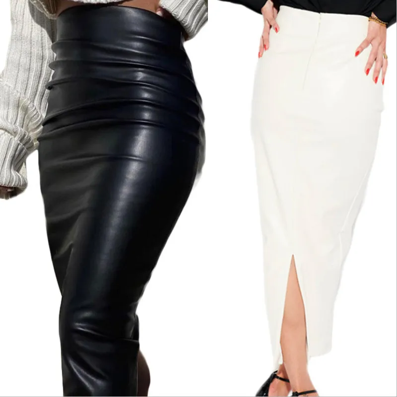 

Women Spring Autumn Sexy Skirt, Adults Slim-fit Solid Color High Waist Sllim Slit Leather Skirt (Black, White)