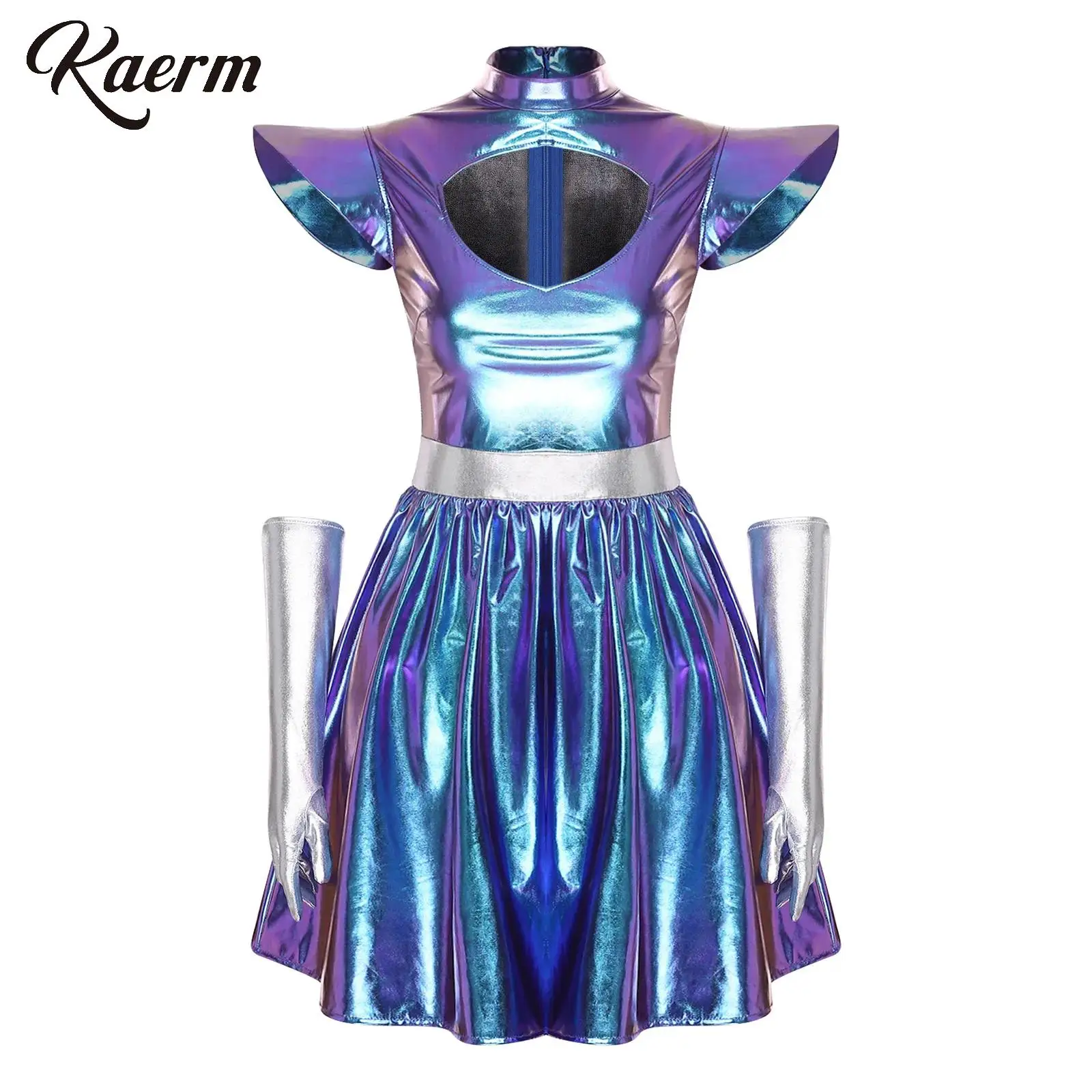 

Womens Alien Cosplay Metallic Shiny Dress with Gloves Cutout Neck Performance Costume for Space Opera Performance Party Event