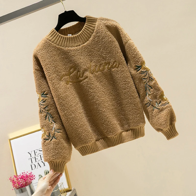 Fall Winter O-Neck Lambswool Pullovers Women\'s Floral Letter Embroidery Loose Sweatshirts Ladies Fleece Thick Warm T-Shirt