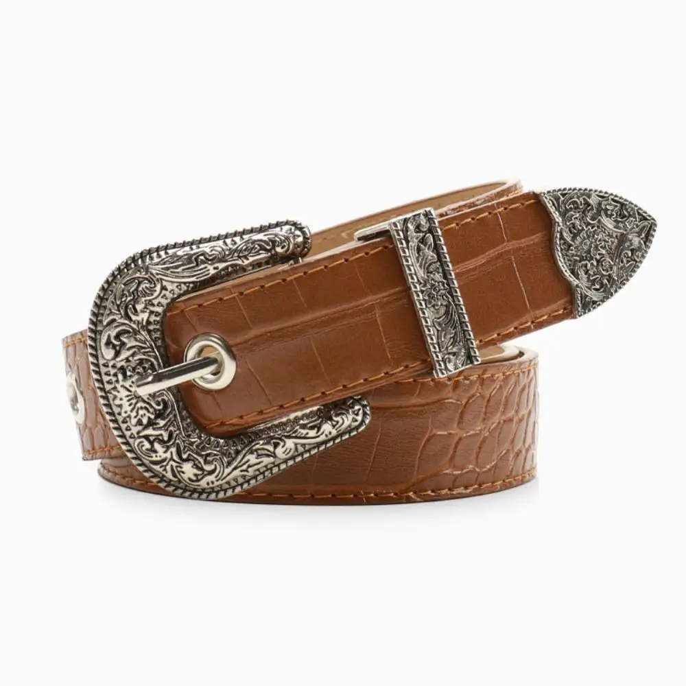 Fashion Pin Buckle Carved Buckle Belt Girdle Hip Hop PU Leather Belt Y2k Vintage Embossed Belt