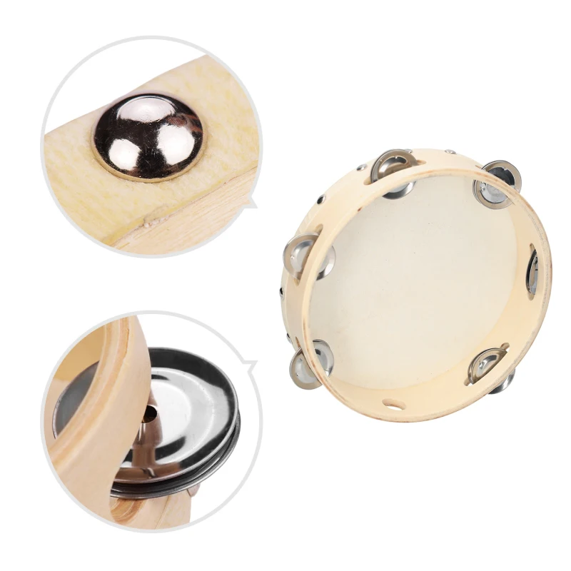 4/6/8 Inch Hand Tambourine with Metal Single Row Jingles Sheepskin Drum Wooden Tambourines Musical Timbrel for Dancine Party