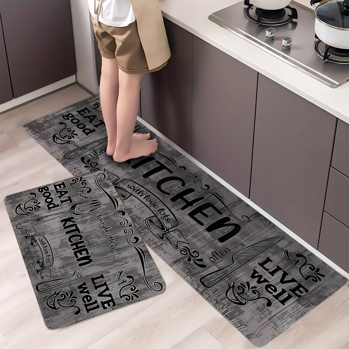 Black Kitchen Mat Set - Letter Design Flannel Floor Rug,Washable Fade-Resistant Standing Cushion for Bedroom & Living Room Decor