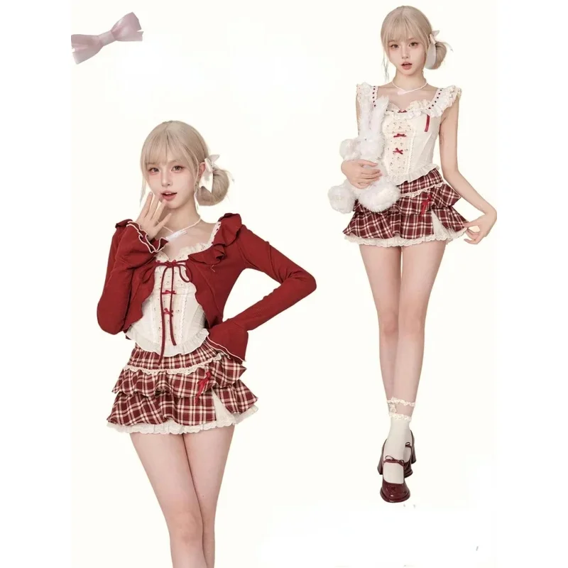 Traje de falda Vintage de 3 piezas para mujer, cárdigan Kawaii con volantes, prendas de vestir, chaleco ajustado, blusa + faldas ajustadas Y2k, conjuntos de fiesta de noche de Lolita