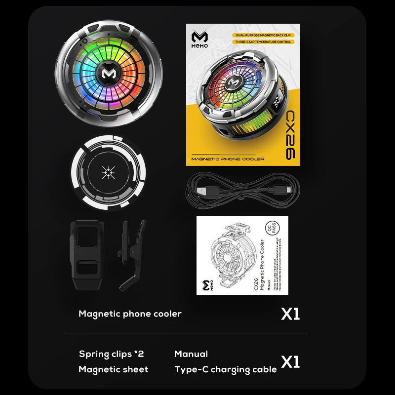 MEMO CX26 Półprzewodnikowy chłodzik do telefonu z oświetleniem RGB, magnetyczny / z klipsem, 12V/2.5A, mocny radiator chłodzący Ice Freeze do IOS i Android — zdjęcie produktu 5