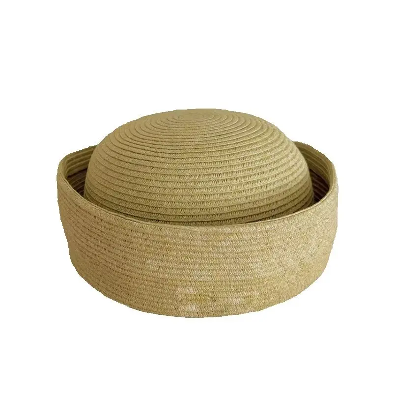 Original Designer Handwoven Round Women's Straw Hat Unique Sophisticated Vintage-Style Medication Box-Inspired Top Hat