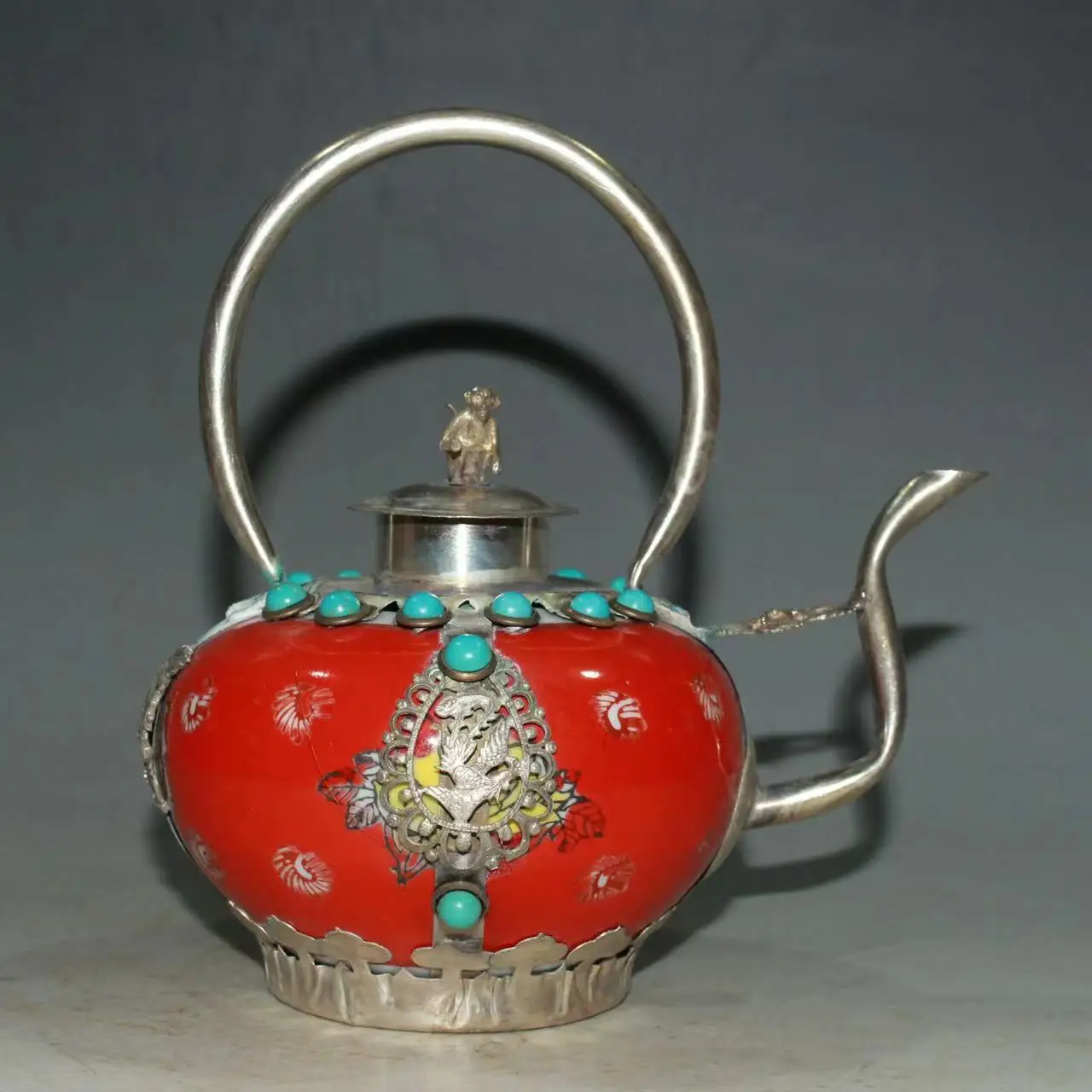 

wonderful Old Qing Dynasty silver&porcelain&gem teapot,painting beauty, with mark, Free shipping