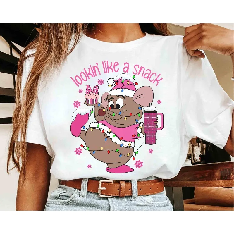 سانتا كلوز غوس غوس ماوس الوردي عيد الميلاد البلوز الخفيف، سندريلا بيبيدي بوبيدي بو تي شيرت للجنسين قميص قطني