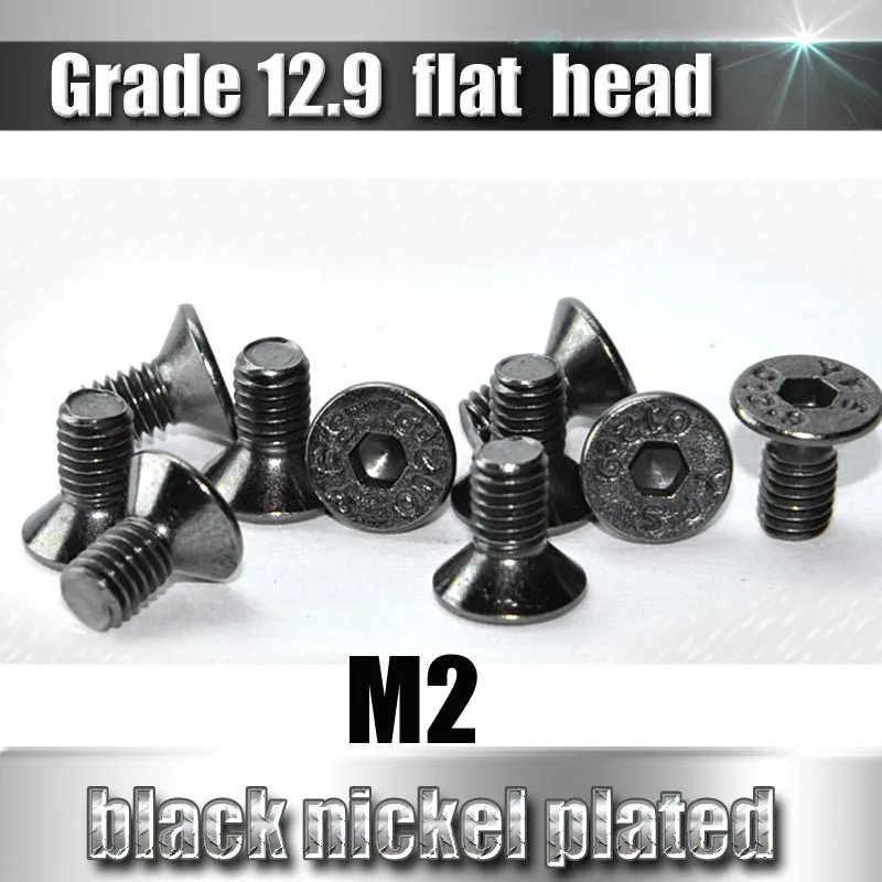 YFS M2 Hex Socket flat Head Screws Grade 12.9 Black Nickel Plated Antirust Screws 10Pcs