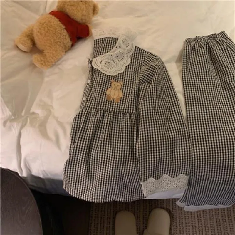 2024 Latest Sweet Plaid Pajamas Lace Doll Collar Sleepwear Women Spring Autumn Thin Nightdress Lapel Long Sleeve Home Wear Set