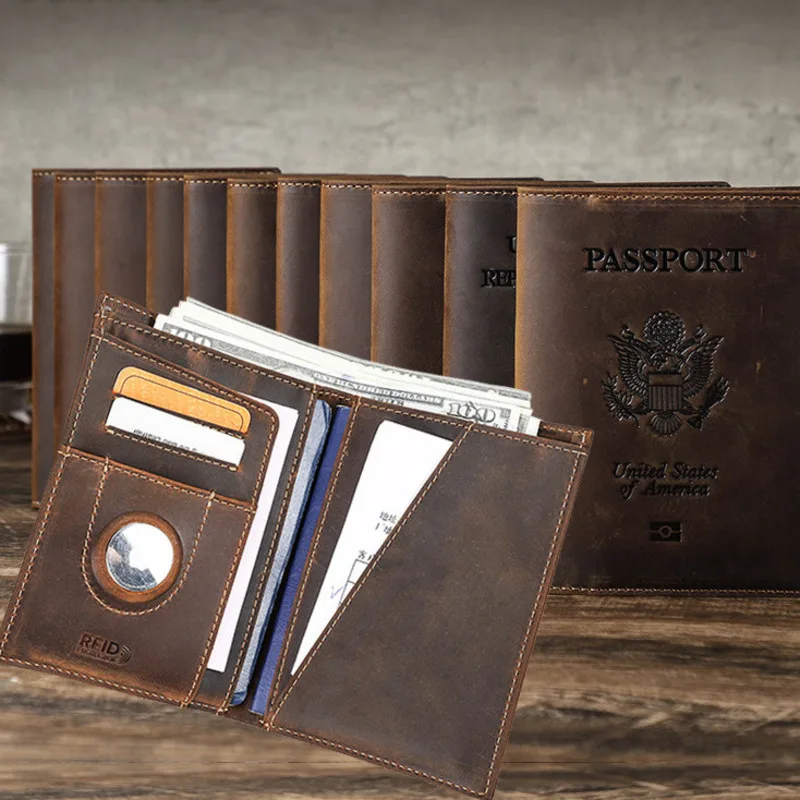 

New Korean Version Crazy Horse Skin Multi Country Cover Package Anti Magnetic Leather Airtag Travel Passport Clip Card Id Holder